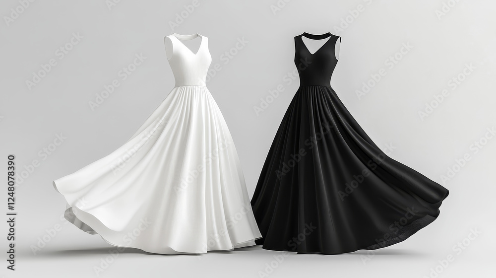 Obraz premium Women dresses mockup, white or black long gown templates, summer sleeveless sundresses with wide skirt, girls fashion collection mock up, female garment, apparel, Realistic 3d vector illustration, set