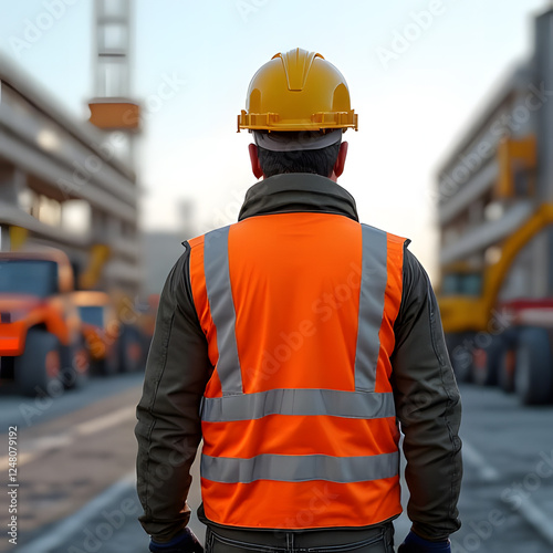 Construction Site Supervisor:  A construction worker, wearing a bright orange safety vest and hardhat, stands with his back to the camera, gazing at a bustling industrial construction site.