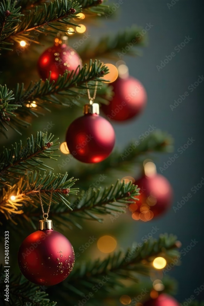 A sprinkle of red and gold ornaments adds warm glow to a bare Christmas tree branch, branches, lighting, gold A sprinkle of red and gold ornaments adds warm glow to a bare Christmas tree branch, branches, lighting, gold
