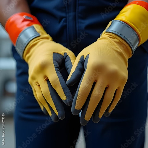 Protective Work Gloves: Close-up shot of a person wearing a pair of durable, yellow and black work gloves with reflective accents, emphasizing safety and preparedness.  