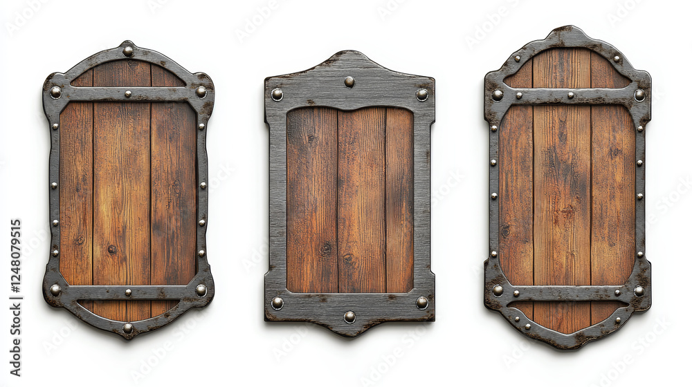Fototapeta premium Old metal signs different shapes, rusty boards with steel frame and screws. Vector realistic set of blank iron signboards, advertising banners with rivets isolated on white background
