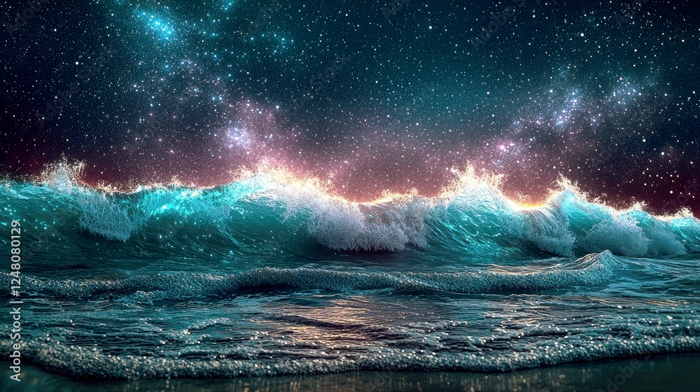 Naklejka premium Cosmic Ocean Waves: A Surreal Night Sky and Ocean Fusion