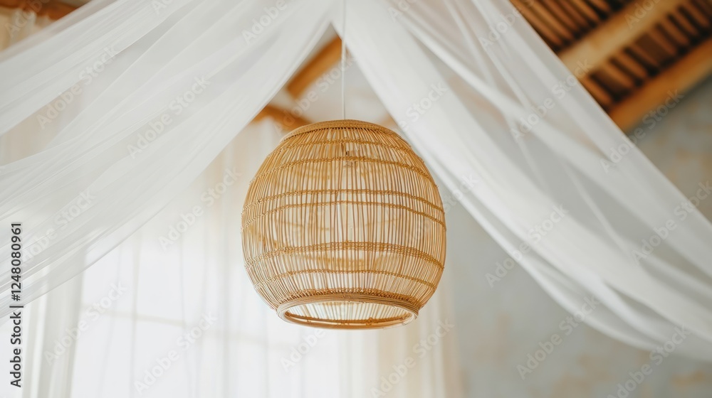 Obraz premium A woven pendant light hangs elegantly beneath sheer drapery in a cozy interior.