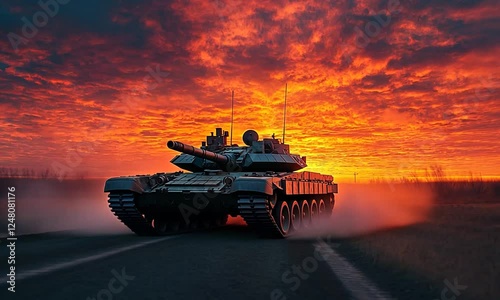 Military tank driving on road at sunset with dramatic clouds