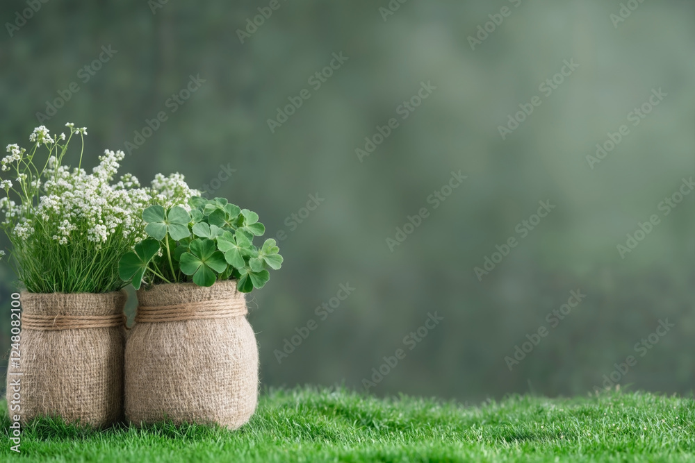 Clover and white flowers in burlap pots.  St. Patrick's Day, Ecology and gardening concept. Home decoration. Background for card, banner, or web design with copy space.