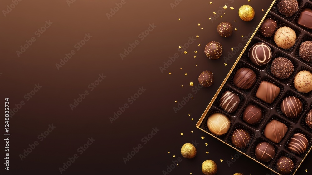 Fototapeta premium Gourmet Chocolate Box with Assorted Truffles and Decorative Elements on Elegant Brown Background