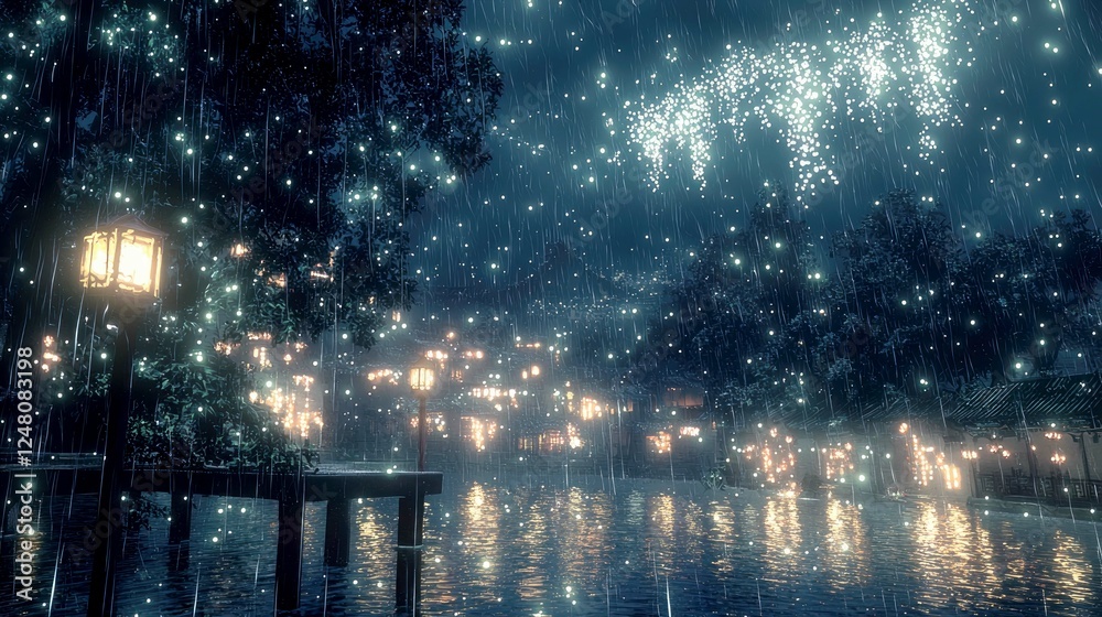 Obraz premium Enchanted Rain Night: Serene Cityscape with Fireworks and Lanterns