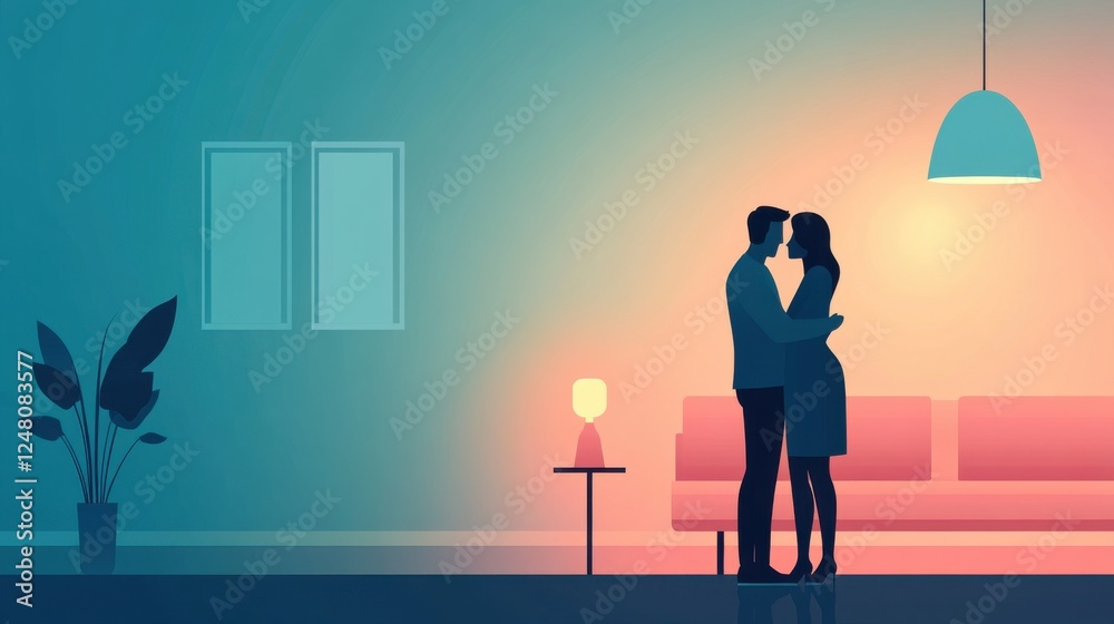 Obraz premium Romantic Couple Silhouette in Cozy Living Room with Soft Lighting and Stylish Furniture at Evening Time