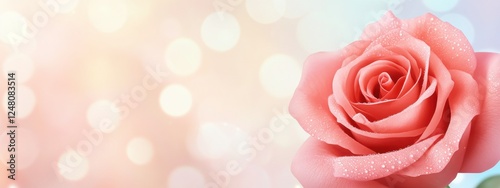 Delicate Pink Rose with Water Droplets Against Soft Blurred Background of Warm Pastel Colors