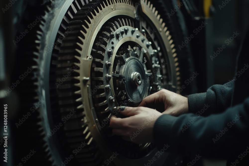 Close-Up of Hands Working on Intricate Mechanical Gear System Close-Up of Hands Working on Intricate Mechanical Gear System