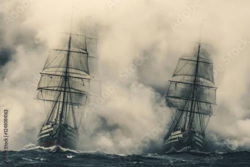 Two massive vessels navigating through the open waters, emitting thick smoke into the air photo