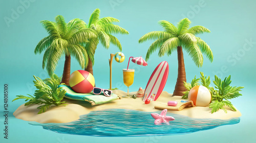 Summer Vacation Beach Paradise Dreamland with palm trees, sea life, ocean, beach, surf boat, umbrella's for summer vacation holiday, abstract beautiful summer beach background.