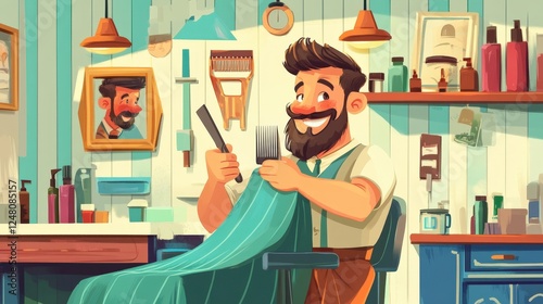 Smiling Barber:  A cheerful cartoon barber with a full beard, holding a comb and razor, prepares to give a client a haircut in a well-equipped barbershop with vintage details.
