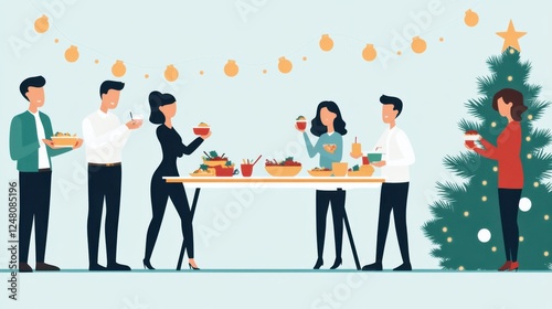 Joyful Holiday Gathering with Friends Sharing Food and Celebrating by the Christmas Tree in a Festive Atmosphere