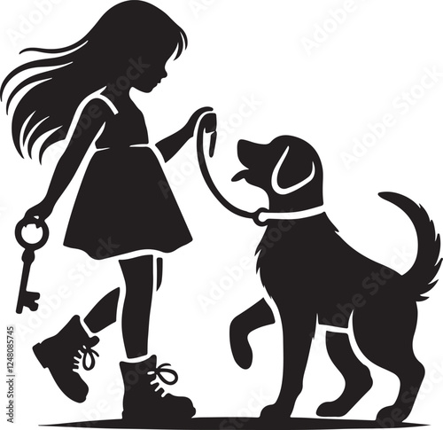 A Girl with a dog icon silhouette vector with white background