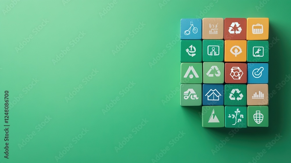 Colorful Eco-Friendly Building Blocks with Recycling and Sustainability Icons on Green Background. Educational and Creative Tools for Sustainable Development Concepts