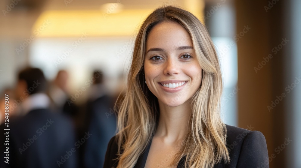 Fototapeta premium Smiling young woman in professional attire in a modern office environment with blurred background of colleagues