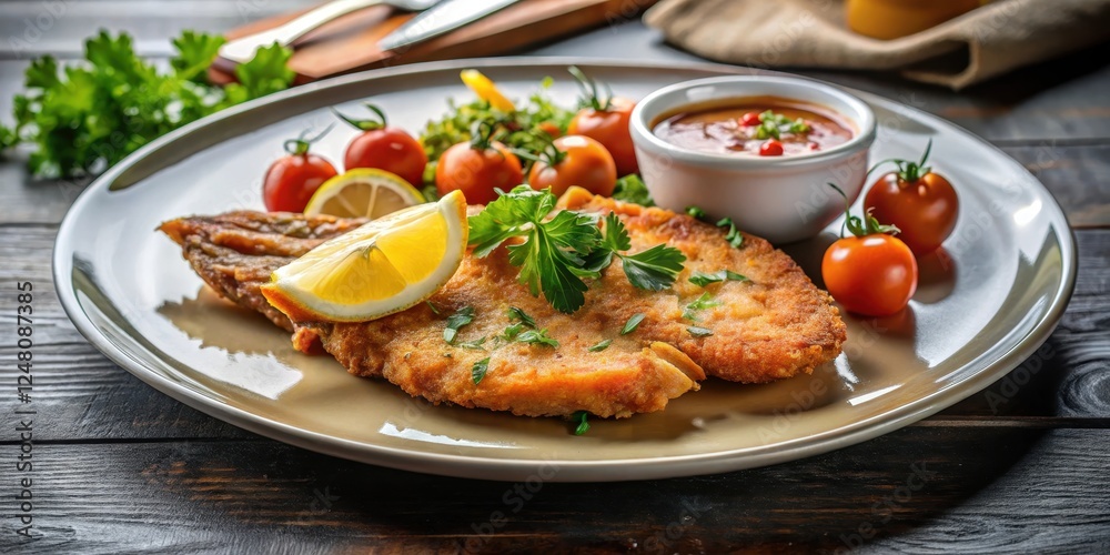 Thinly sliced veal cutlet on a plate, seafood sauce, culinary art, seafood sauce Thinly sliced veal cutlet on a plate, seafood sauce, culinary art, seafood sauce