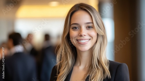 Wallpaper Mural Smiling young woman in professional attire in a modern office environment with blurred background of colleagues Torontodigital.ca