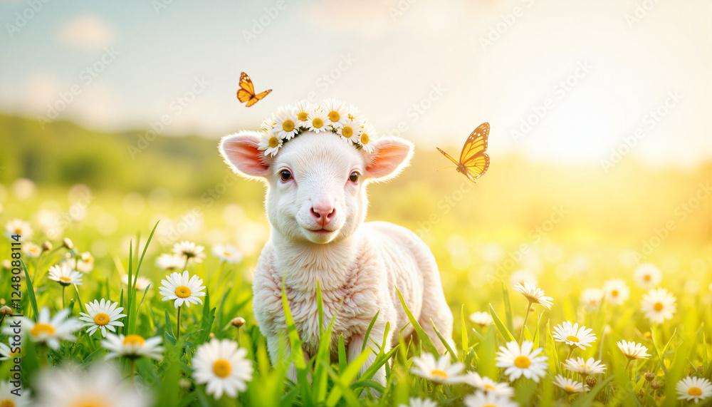 Obraz premium Lamb wearing daisy crown in meadow at dawn, innocence and joy