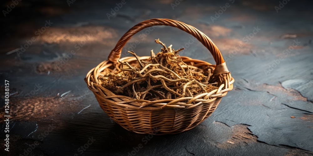 Madderwort Root in Brown Basket on Black Surface Madderwort Root in Brown Basket on Black Surface