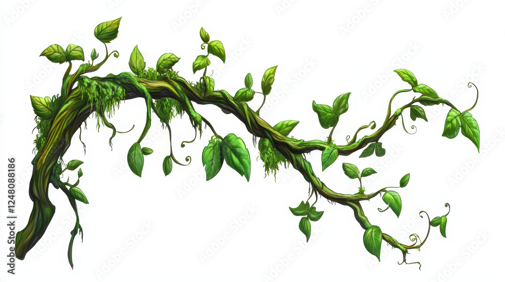 Fototapeta premium Liana swirled and tangled branch with green leaf and moss. Cartoon game assets of jungle long climbing plant vine for border decoration. Vector illustration set of rain forest tree stem with foliage.