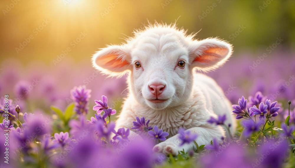 Playful lamb enjoying a meadow of violets at dawn, nature's beauty Playful lamb enjoying a meadow of violets at dawn, nature's beauty