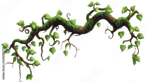 Fototapeta Naklejka Na Ścianę i Meble -  Liana swirled and tangled branch with green leaf and moss. Cartoon game assets of jungle long climbing plant vine for border decoration. Vector illustration set of rain forest tree stem with foliage.
