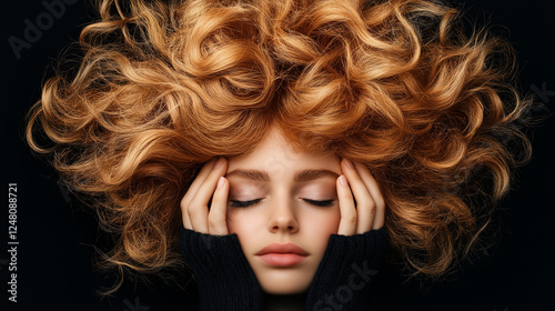 Tired woman with voluminous curly hair holding her head, reflecting caffeine and sleep deprivation