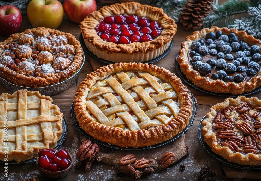 A Delightful Array of Homemade Fruit Pies Displayed on a Rustic Wooden Table Surrounded by Seasonal Decorations and Fresh Fruits A Delightful Array of Homemade Fruit Pies Displayed on a Rustic Wooden Table Surrounded by Seasonal Decorations and Fresh Fruits