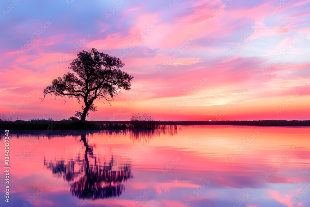 Serene Lakeside Sunset with Silhouetted Tree: Perfect Template for Nature and Travel Enthusiasts Serene Lakeside Sunset with Silhouetted Tree: Perfect Template for Nature and Travel Enthusiasts