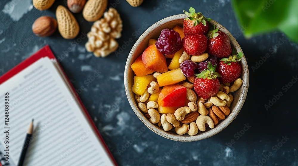 Healthy Snacking: A bowl of nuts and fruits next to study notes, promoting brain food during sessions. Healthy Snacking: A bowl of nuts and fruits next to study notes, promoting brain food during sessions.