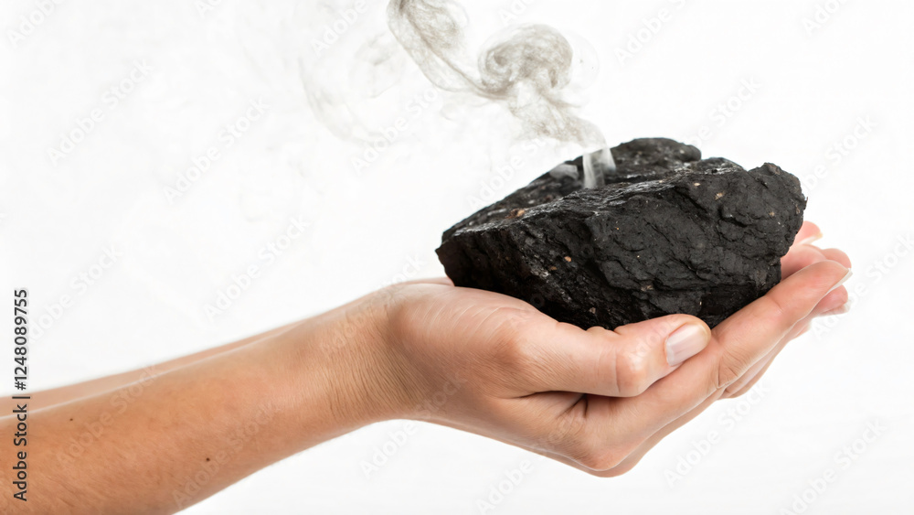 Hand Holding Rock with Smoke on White Background for Creative Concepts Hand Holding Rock with Smoke on White Background for Creative Concepts