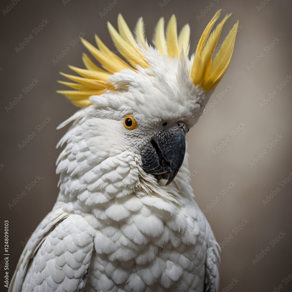 A shy cockatoo with soft white plumage and a golden crest. A shy cockatoo with soft white plumage and a golden crest.