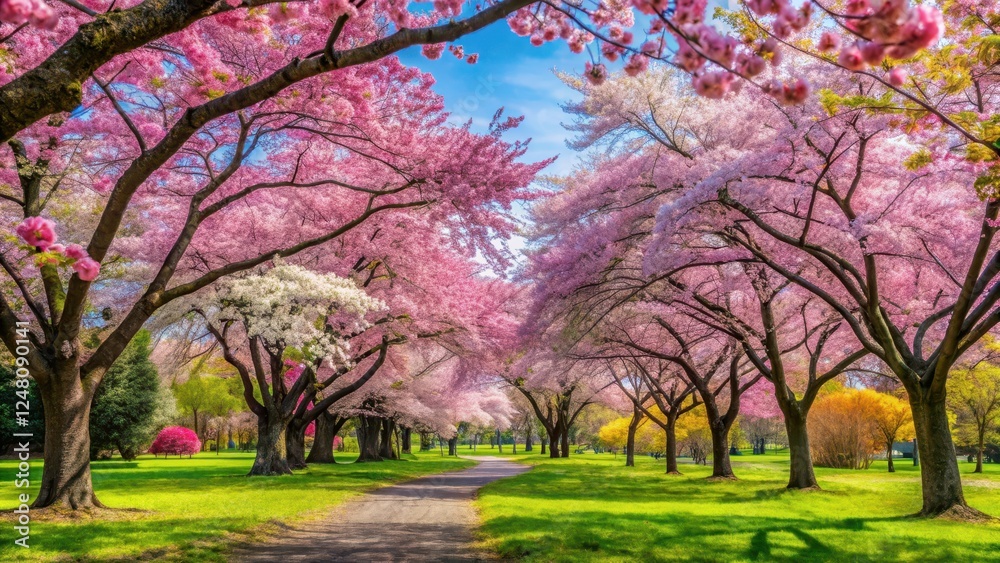 Naklejka premium Colorful sakura flowers and trees bloom in a park on a warm spring day amidst lush greenery , verdant surroundings, blooming sakura