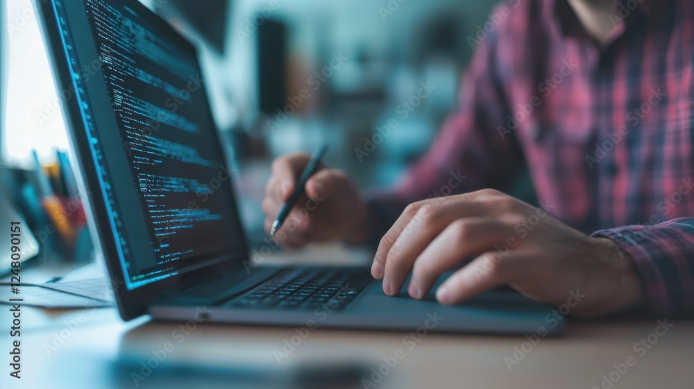 Person working on laptop computer in modern office space with programming code on screen and writing notes Person working on laptop computer in modern office space with programming code on screen and writing notes