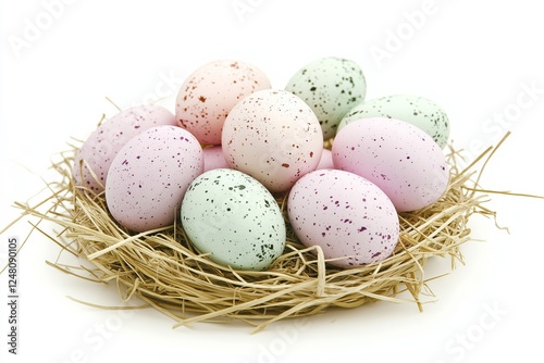 Speckled pastel eggs arranged in a straw nest on a white background, creating a natural and festive composition. The soft colors and organic textures enhance the delicate and rustic charm