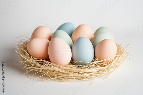 Pastel-colored eggs in a straw nest on a white background, creating a soft and minimalistic composition. The delicate hues of blue, green, and peach enhance the aesthetic appeal of the image
