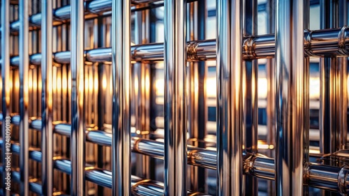 Closeup of metallic bars with reflective surfaces, creating a mesmerizing abstract background with intricate patterns and textures , closeup, abstract background
