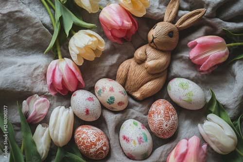 Handcrafted Easter arrangement with decorated eggs, a wooden bunny figurine, and fresh tulips on soft fabric. The warm tones and delicate floral details create a festive and cozy spring atmosphere