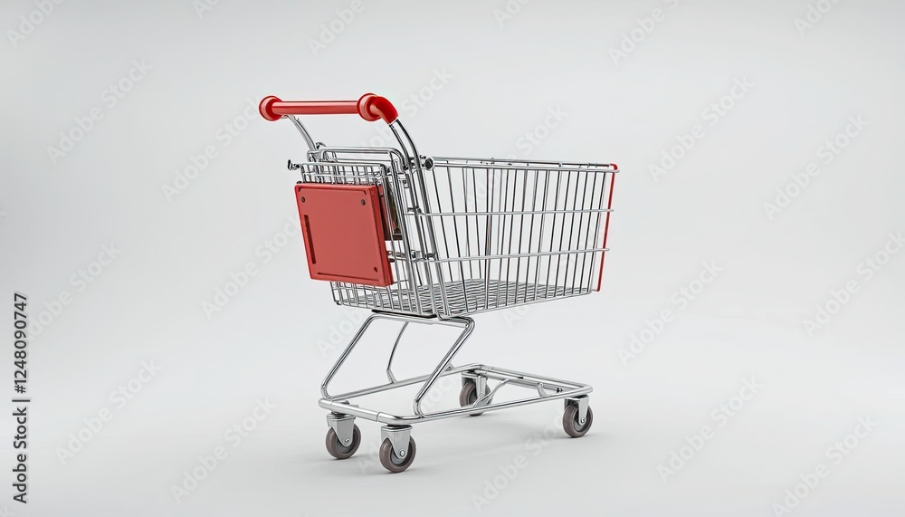 On a white background, a shopping cart with a red handle is isolated. Wheels and frame made of metal. notion of materialism and retail shopping. On a white background, a shopping cart with a red handle is isolated. Wheels and frame made of metal. notion of materialism and retail shopping.