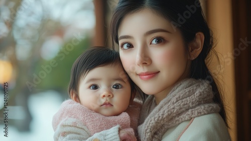 Loving Asian mother with her baby close to her chest. Calm room, gentle embrace.