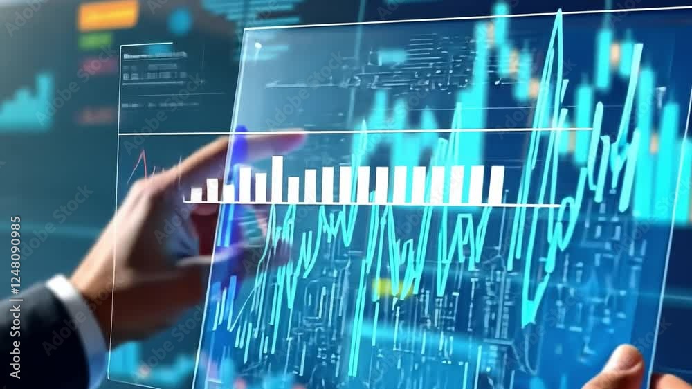Navigating the Market: A businessman's hand gestures through a transparent screen displaying a dynamic, interactive financial chart, showcasing data trends and potential investments.