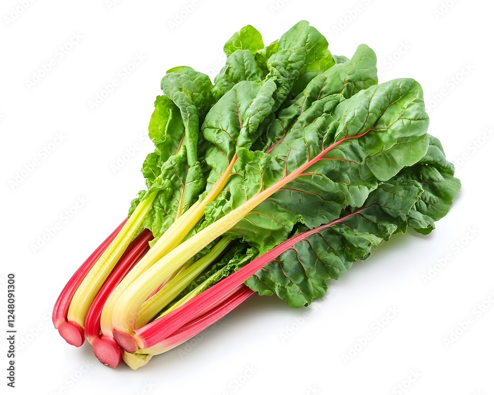 Freshly harvested swiss chard with colorful stalks rests on white Freshly harvested swiss chard with colorful stalks rests on white