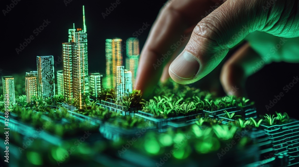Obraz premium Hand Touching 3D Model of Sustainable City with Green Plants and Skyscrapers at Night