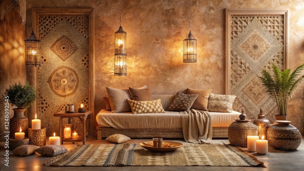 Fototapeta premium Warm beige walls adorned with intricate geometric patterns and plush Moroccan textiles, surrounded by soft candlelight and inviting natural fabrics , textiles, home