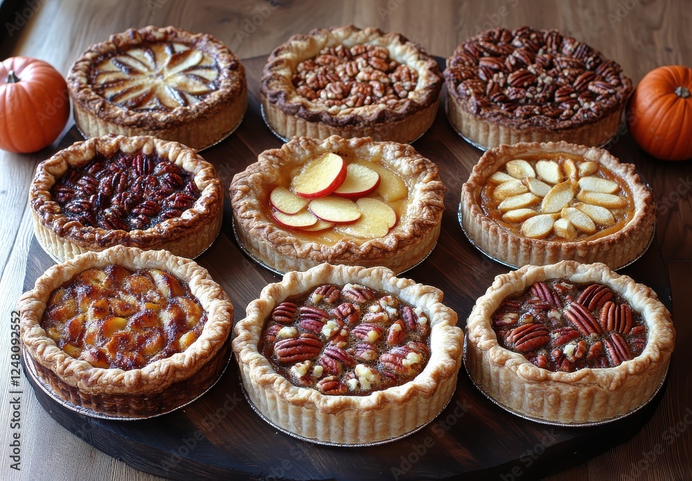 Assorted Variety of Delicious Homemade Pies Displayed on a Wooden Surface with Seasonal Decorations and Fresh Ingredients