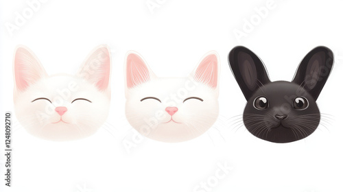 Cute noses of cat, dog and rabbit, closeup of pet snout. Vector realistic illustrations of part of white kitten, bunny and black puppy face. Pink and black noses of domestic animals photo