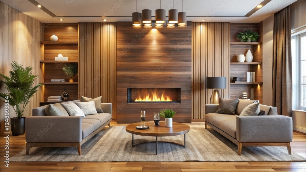 Cozy living room with a stylish fireplace in modern interior design featuring a warm wood tone accent wall and soft lighting, cozy living room, warm ambiance Cozy living room with a stylish fireplace in modern interior design featuring a warm wood tone accent wall and soft lighting, cozy living room, warm ambiance