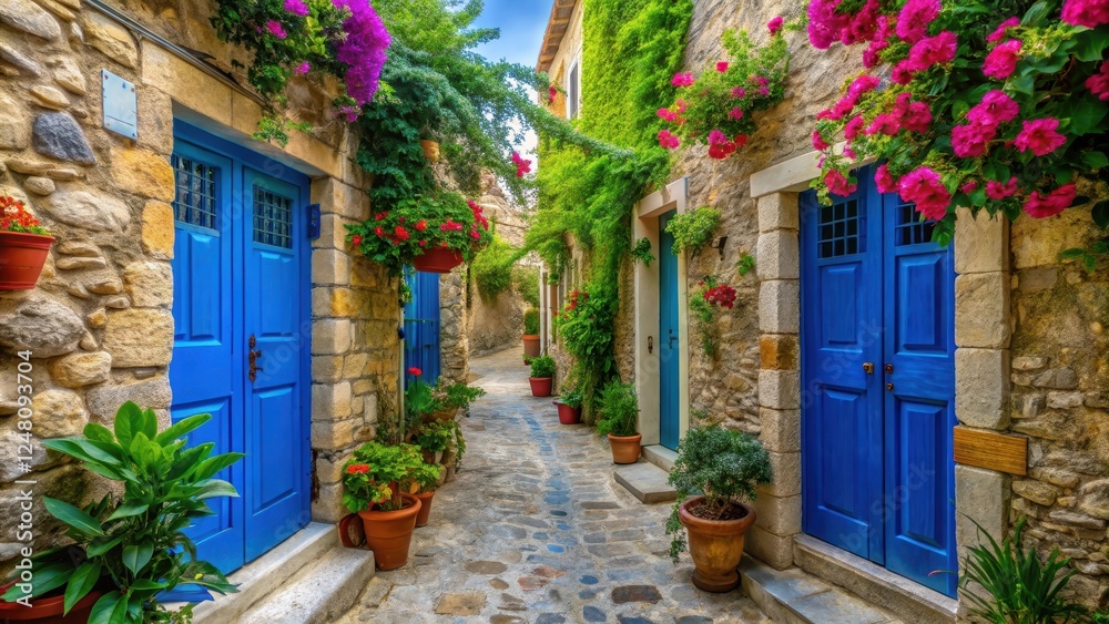 Stonework alleyway in traditional Greek village, with blue-painted doors and rustic stone walls, surrounded by lush greenery and colorful flowers, stonework, blue and white colors Stonework alleyway in traditional Greek village, with blue-painted doors and rustic stone walls, surrounded by lush greenery and colorful flowers, stonework, blue and white colors
